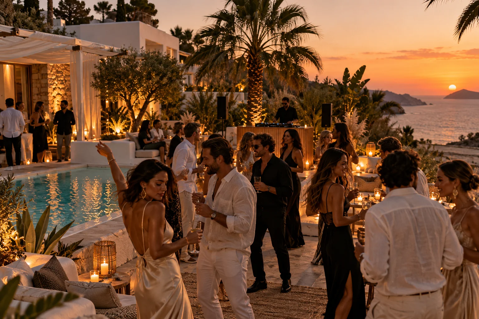 Volwassen gasten bij een stijlvolle villa- en poolparty met dj, palmen en uitzicht op zee bij Ibiza-zonsondergang — sfeerimpressie