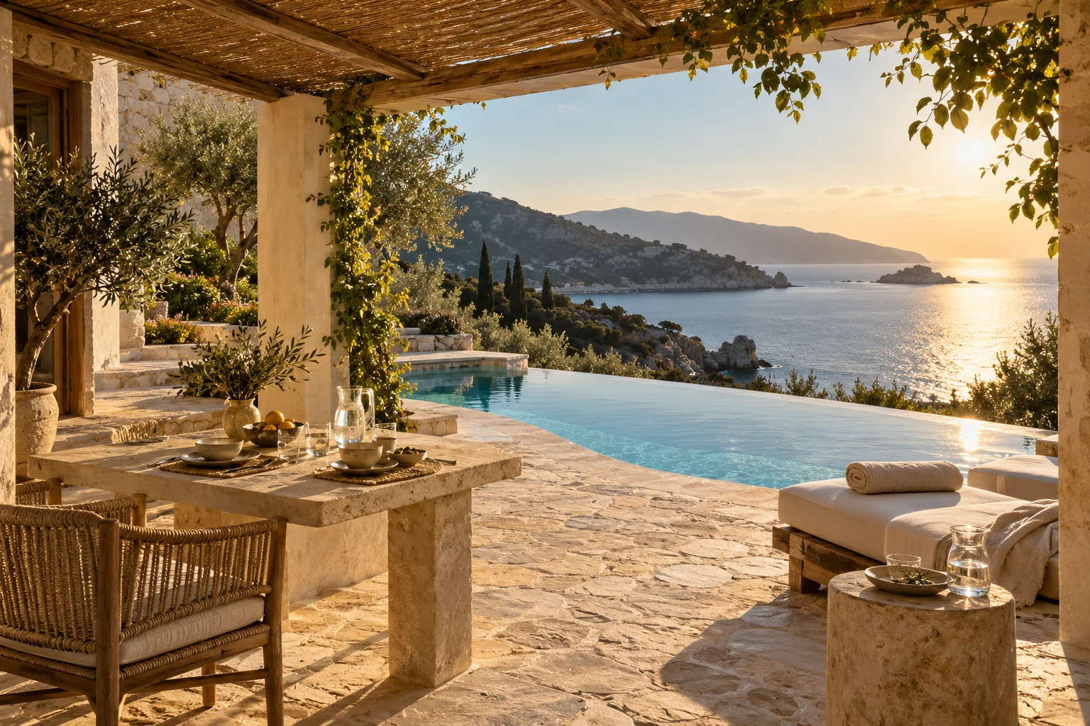 Privé-villaterras met zwembad boven een mediterrane baai bij avondlicht — fictieve sfeerimpressie
